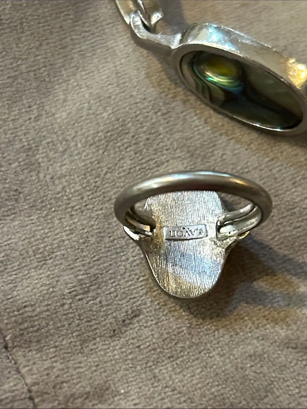 Vintage Avon SilverTone Abalone Bracelet & Matching Ring Iridescent Green/Purple